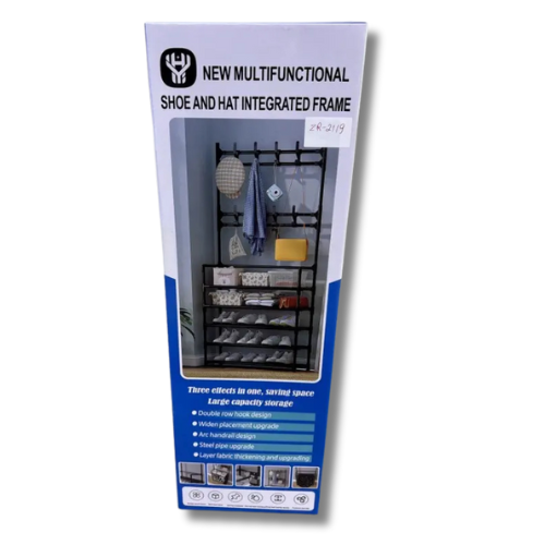 Porte-chaussures multifonction 3-en-1 – Porte-manteaux + Étagères – Acier renforcé